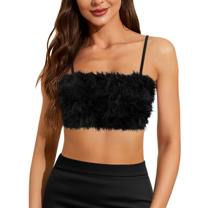 Vimoisa Women Faux Fur Tank Top Spaghetti Strap Crop Cami Top Tight Sleeveless Tube Top Vest(S) - Image 1